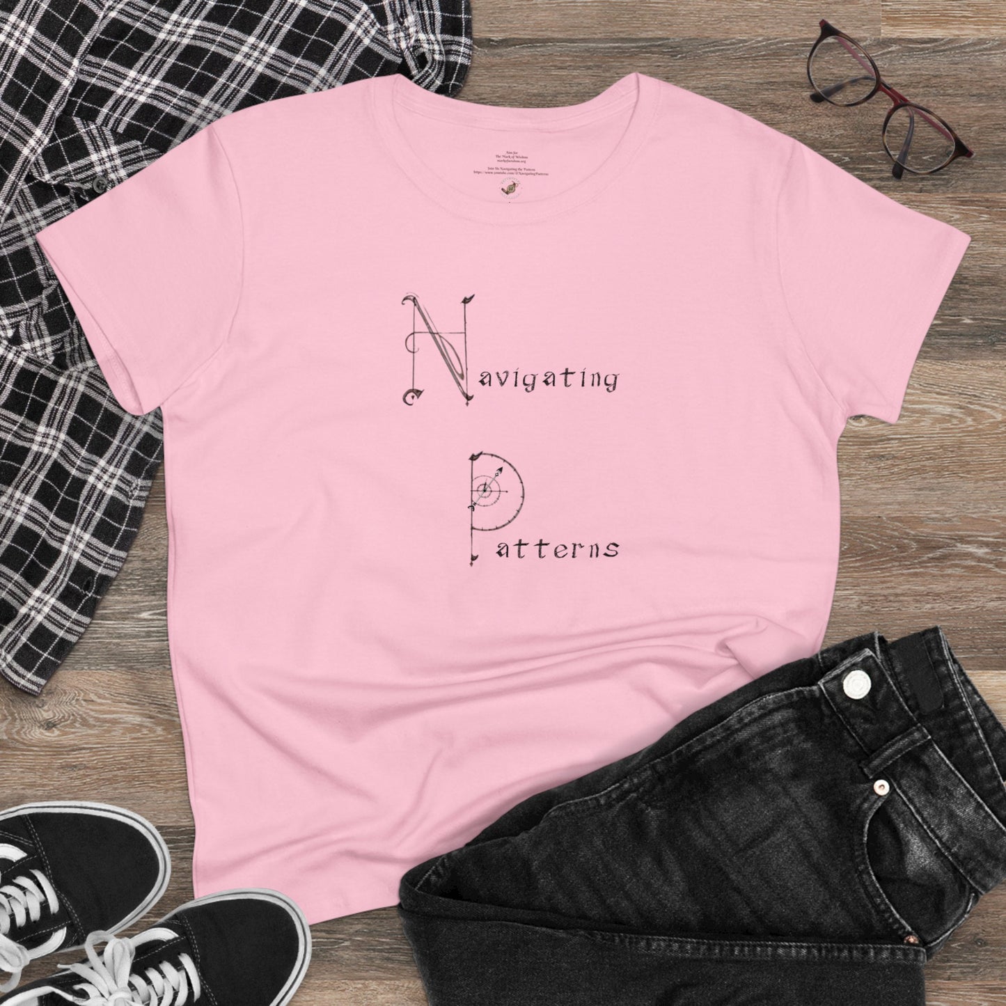 Women's Pink Navigating Patterns T-Shirt paired with jeans and shoes