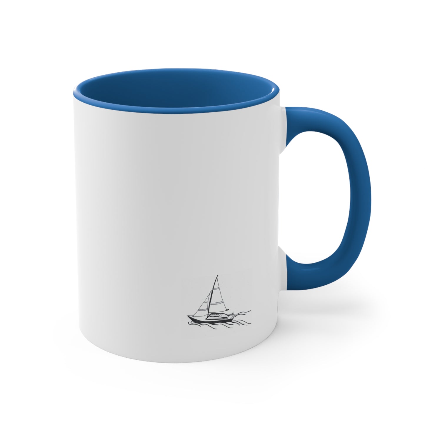White Coffee Mug with Blue Handle and sailboat on front