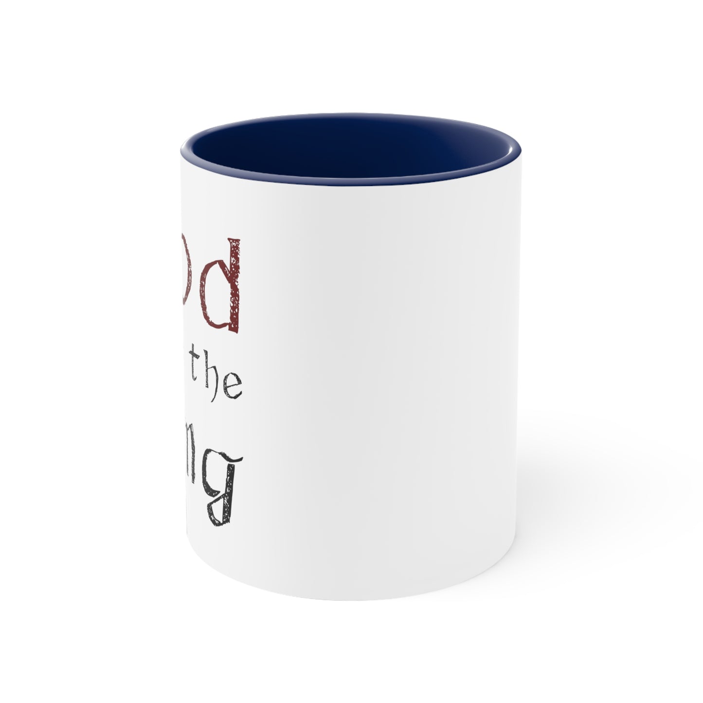 White coffee mug, side view, god save the king text