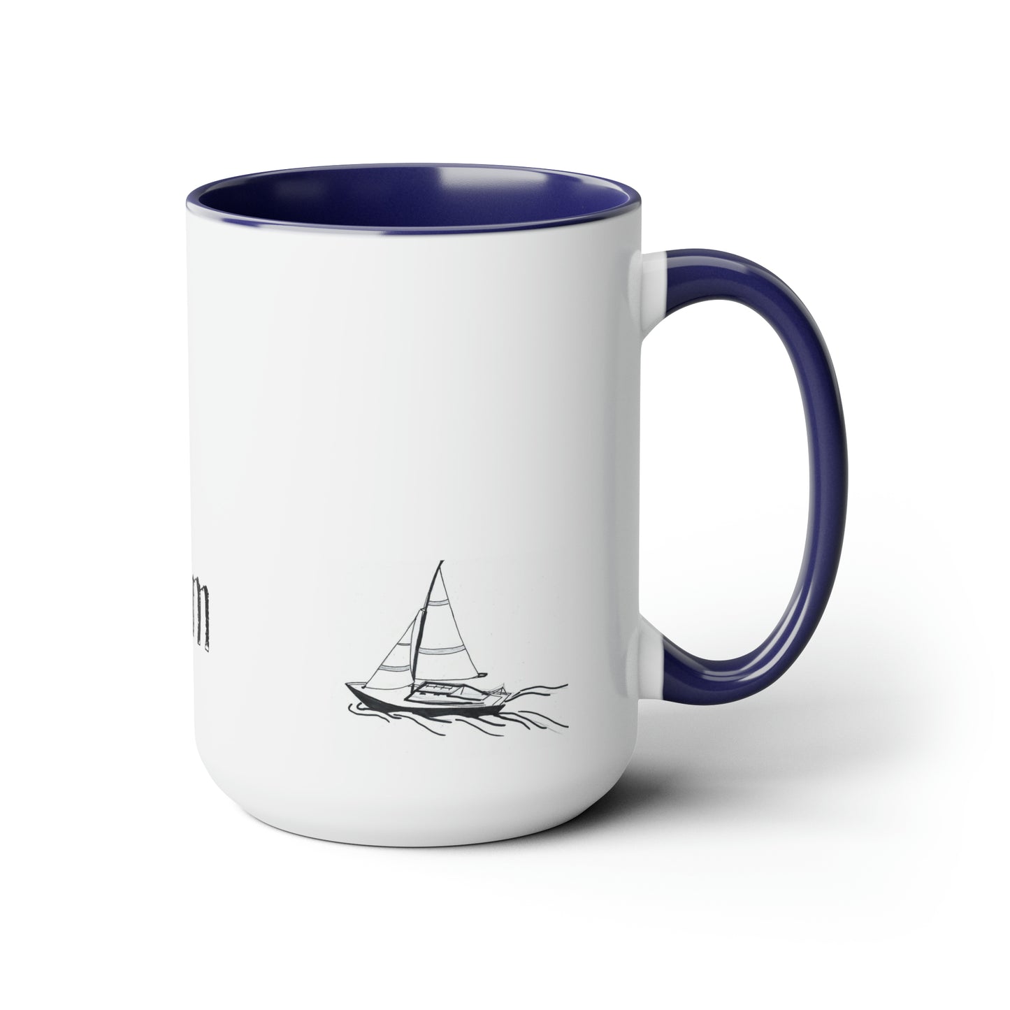 White Coffee Mug, Blue Handle, Sailboat