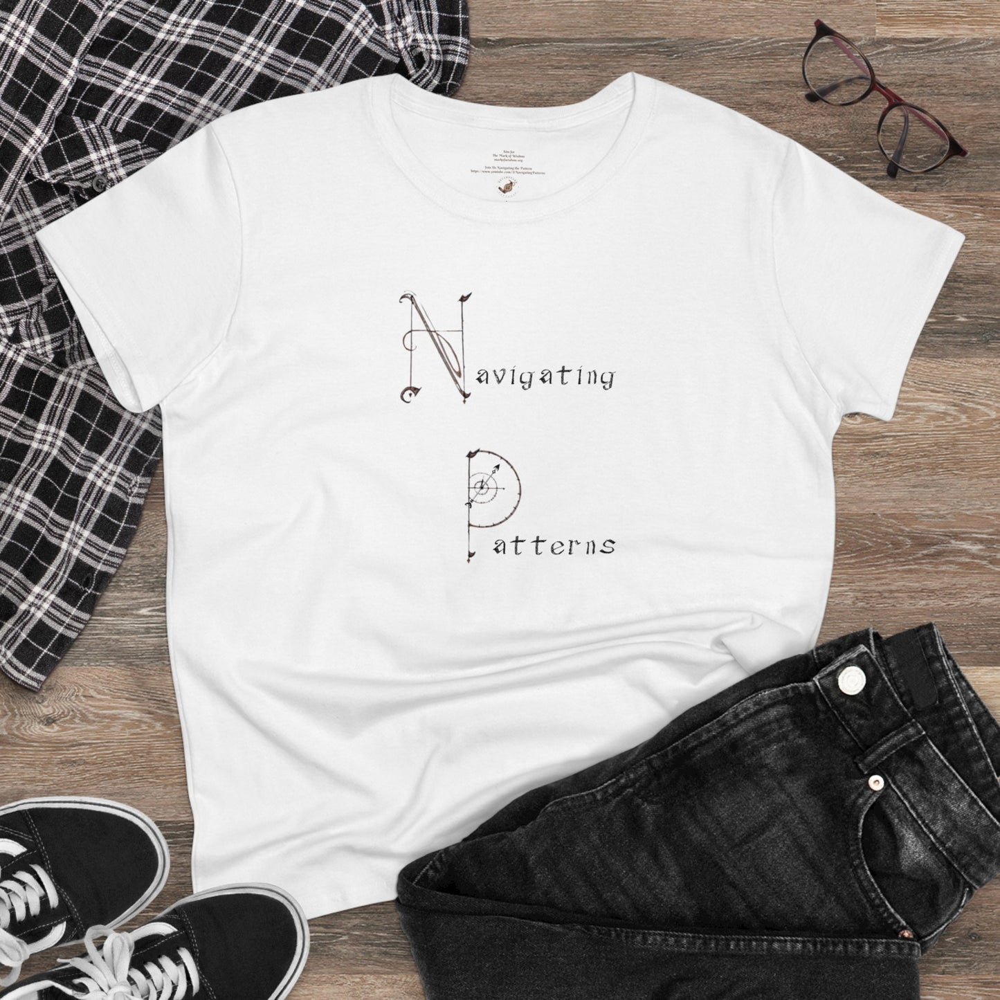 Women's White Navigating Patterns T-Shirt paired with jeans and shoes