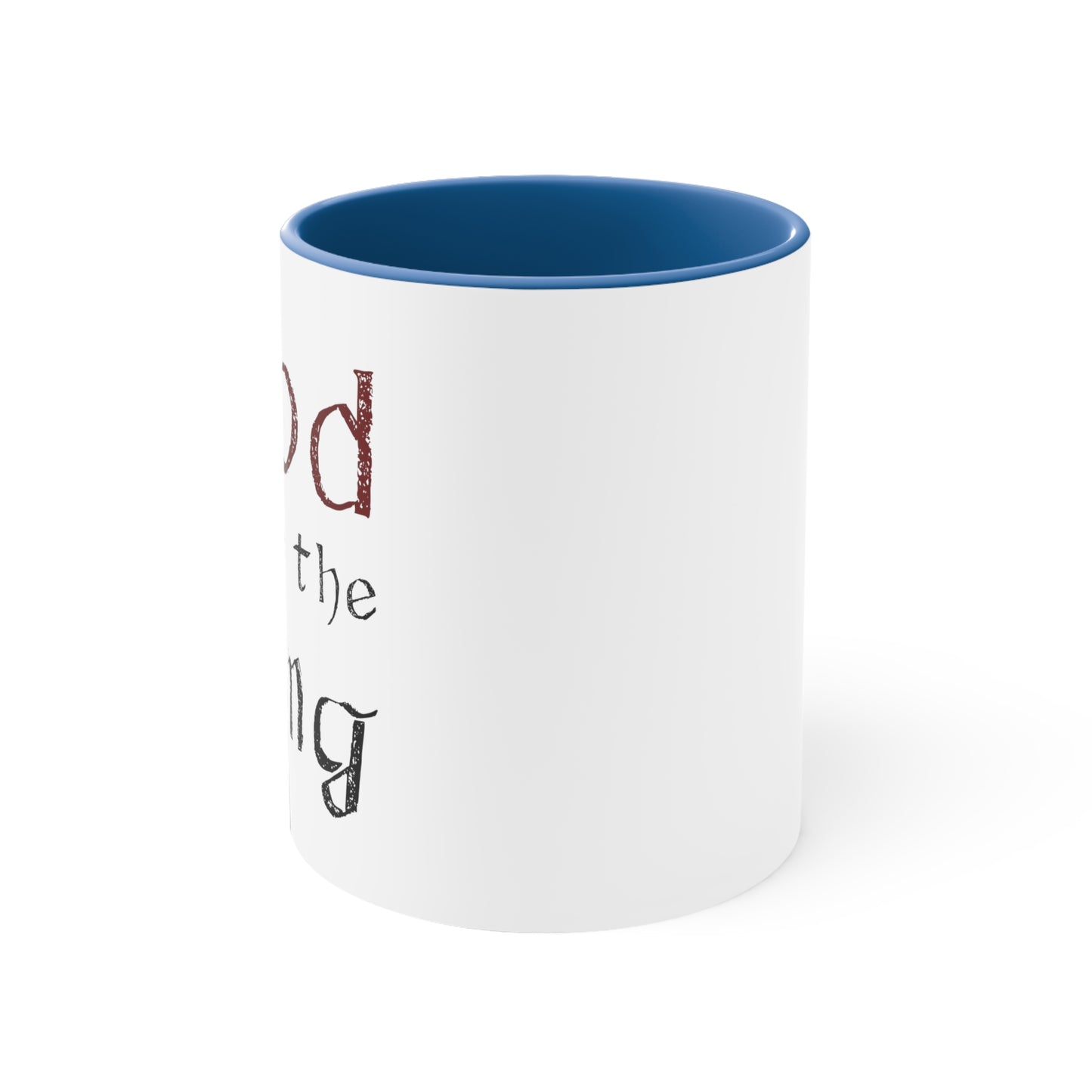 White coffee mug side view with god save the king text