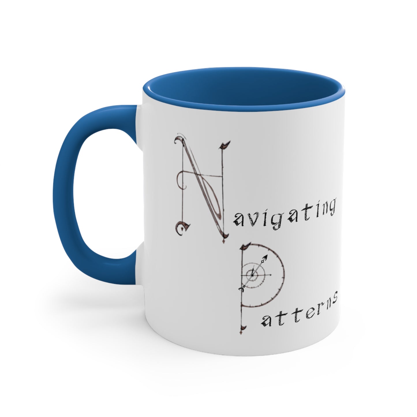 White and Light Blue coffee mug with Navigating Patterns text