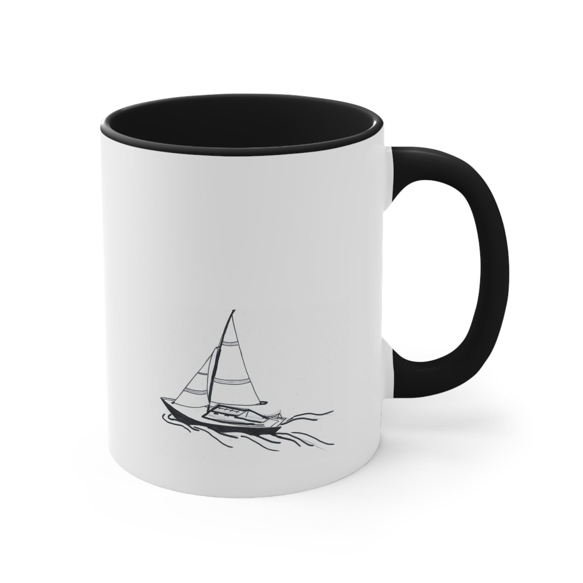 White and Black coffee mug with sailboat on back