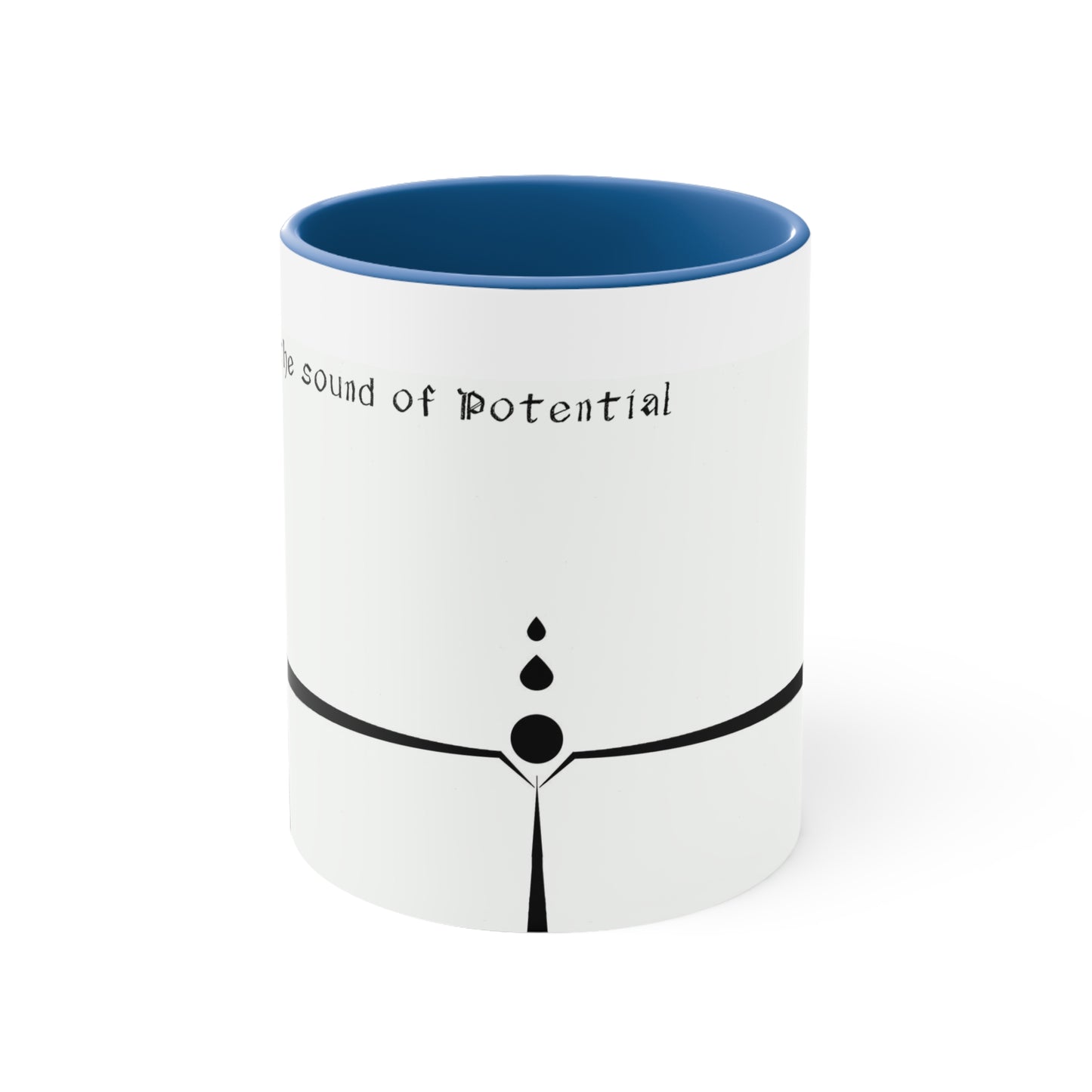 White Coffee Mug, blue inside, with text Silence is the sound of potential