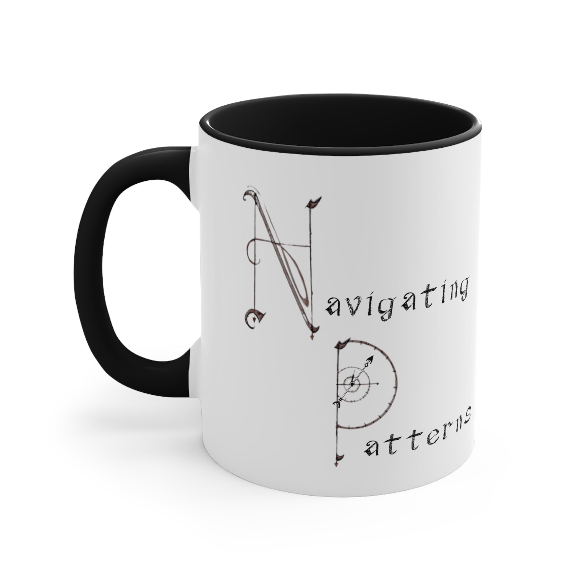 White and Black Coffee mug with Navigating Patterns text