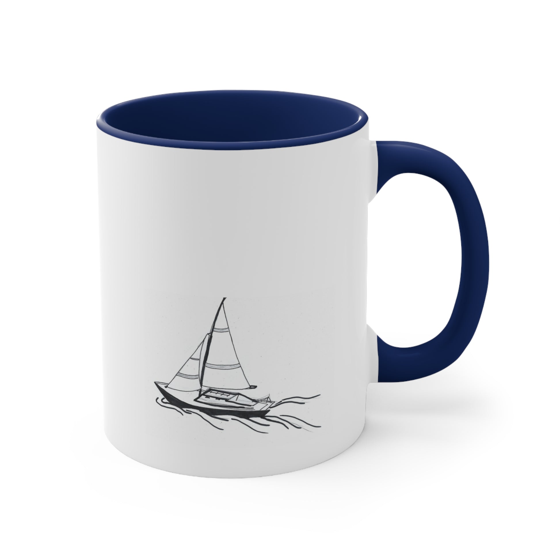 White and Blue Coffee Mug with Sailboat on back