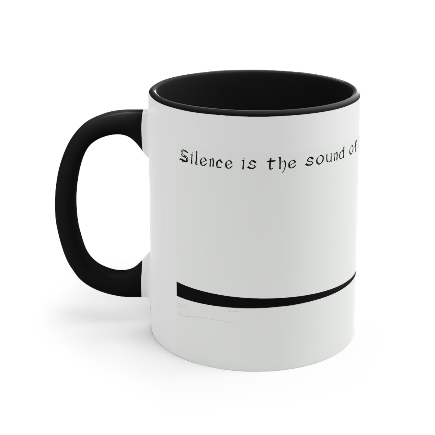 White Coffee Mug, Black Handle, Black Inside, with text Silence is the sound of potential