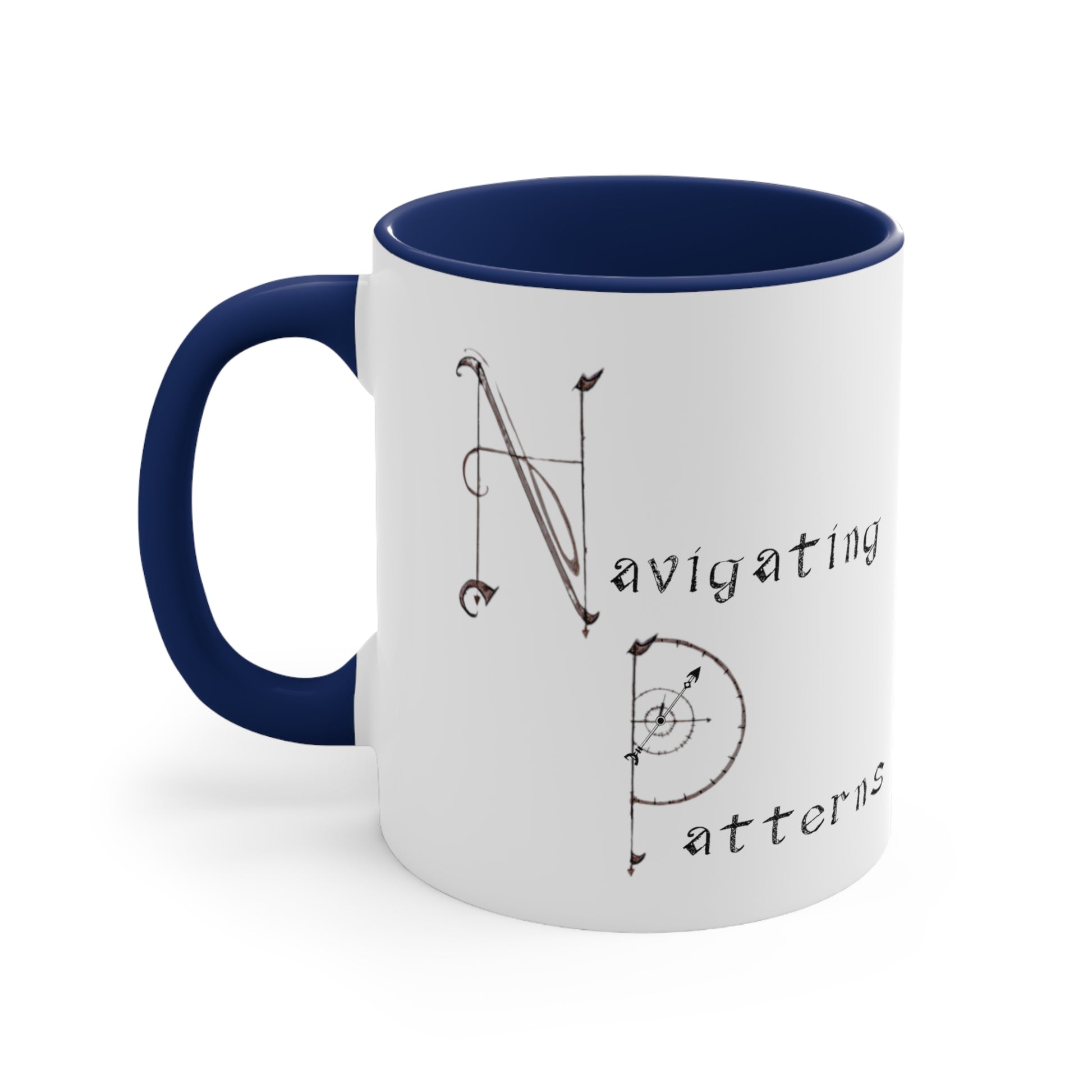 White and Blue Coffee Mug, with Navigating Patterns text