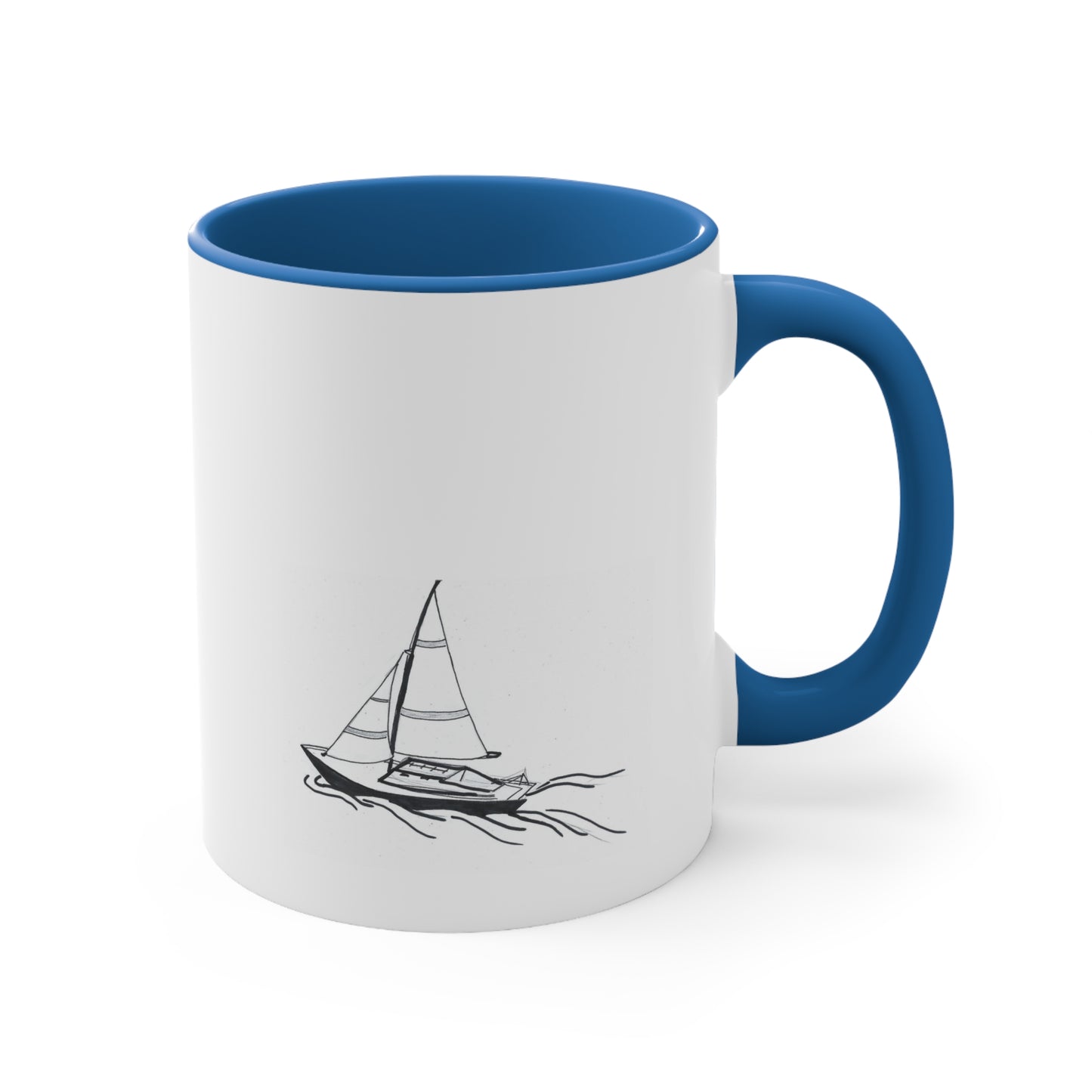 White and Light Blue coffee mug with sailboat on back